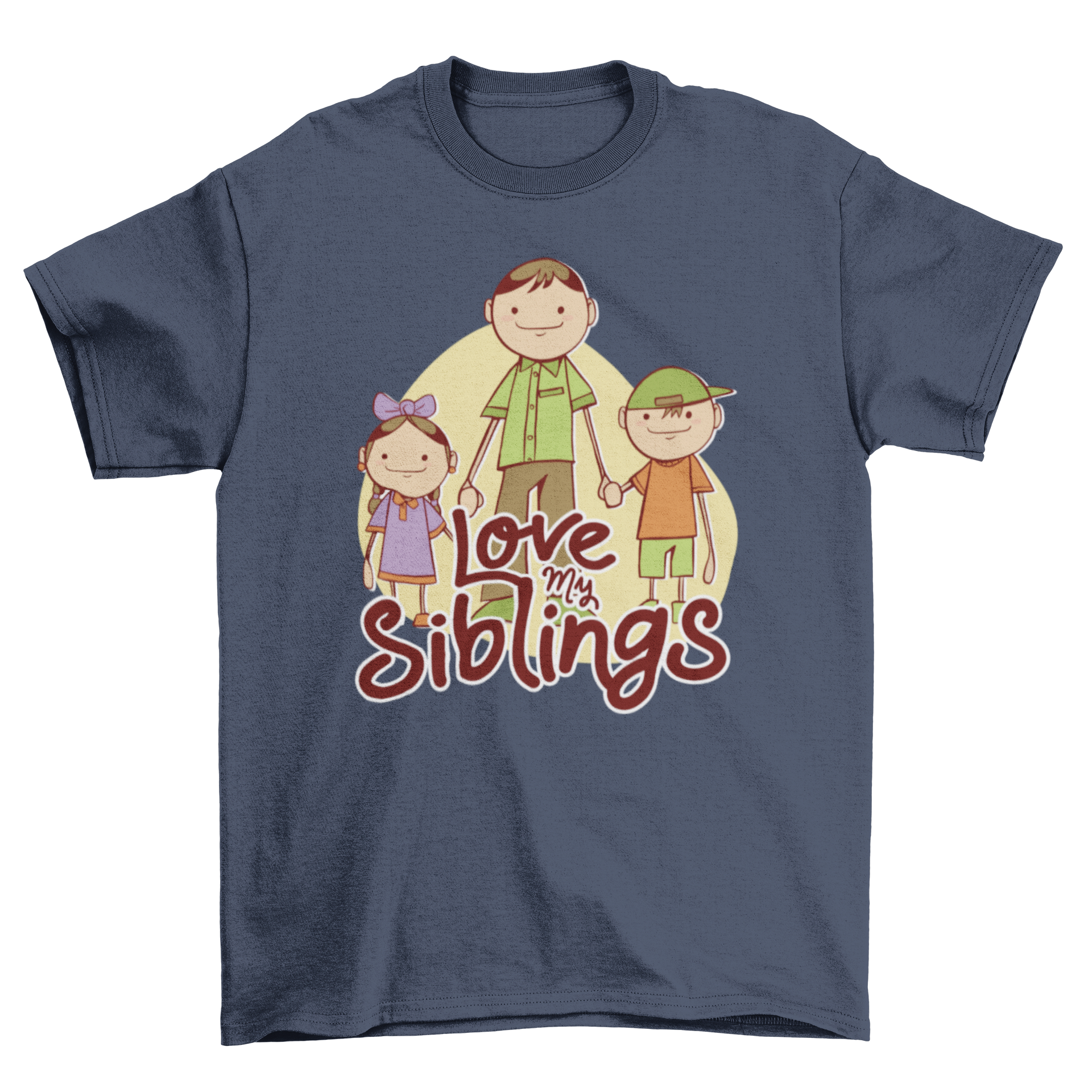 Adorable t-shirt featuring three smiley kids holding hands with 'Love my siblings' lettering.