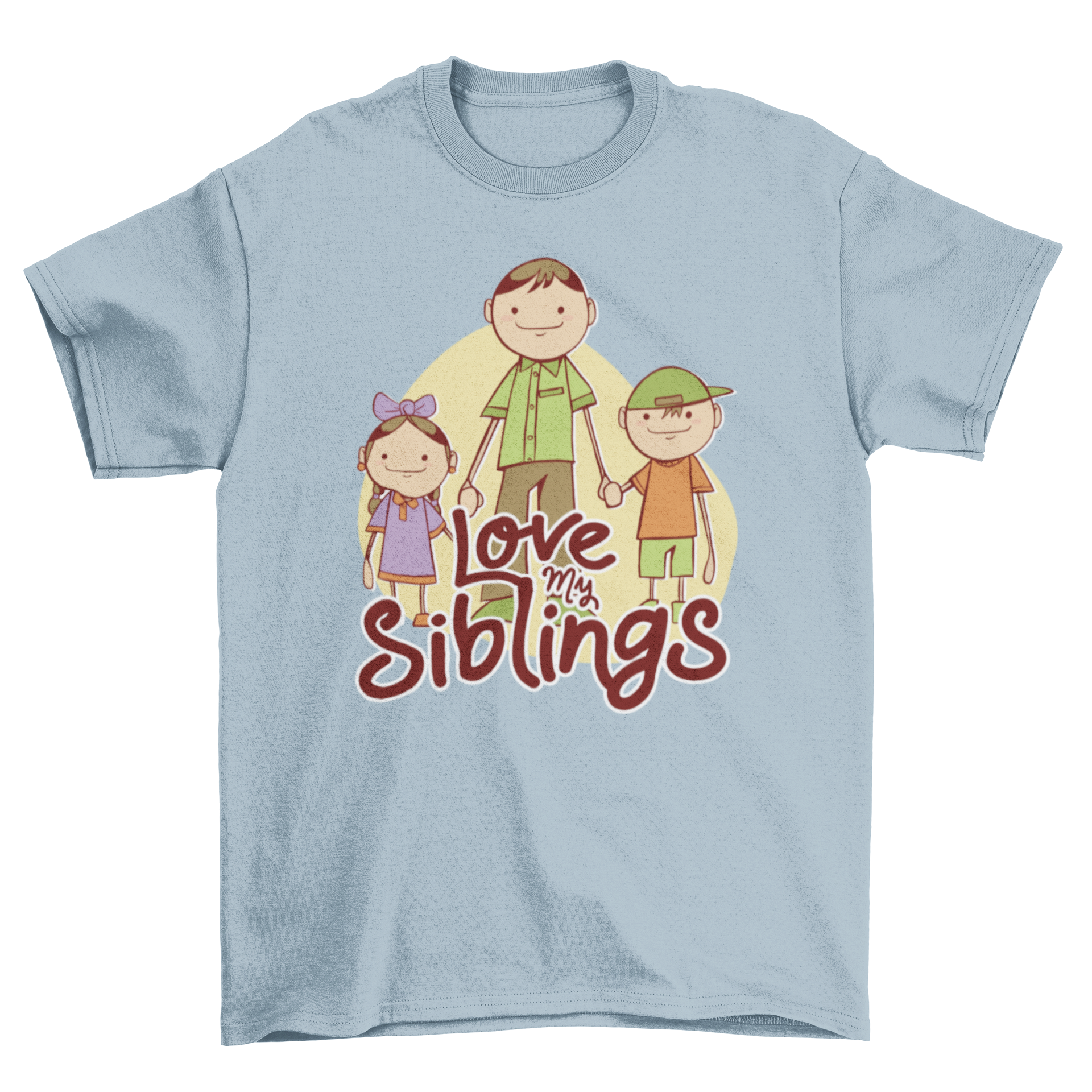 Adorable t-shirt featuring three smiley kids holding hands with 'Love my siblings' lettering.