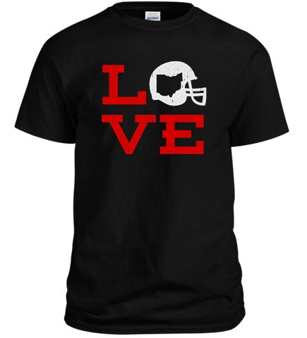 L-O-V-E OSU Football Shirt featuring bold lettering and vibrant colors, perfect for Ohio State Buckeyes fans.