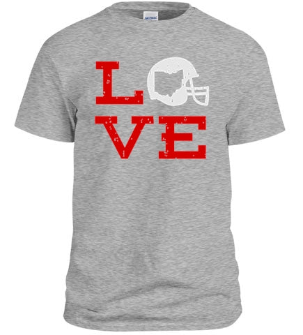 L-O-V-E OSU Football Shirt featuring bold lettering and vibrant colors, perfect for Ohio State Buckeyes fans.