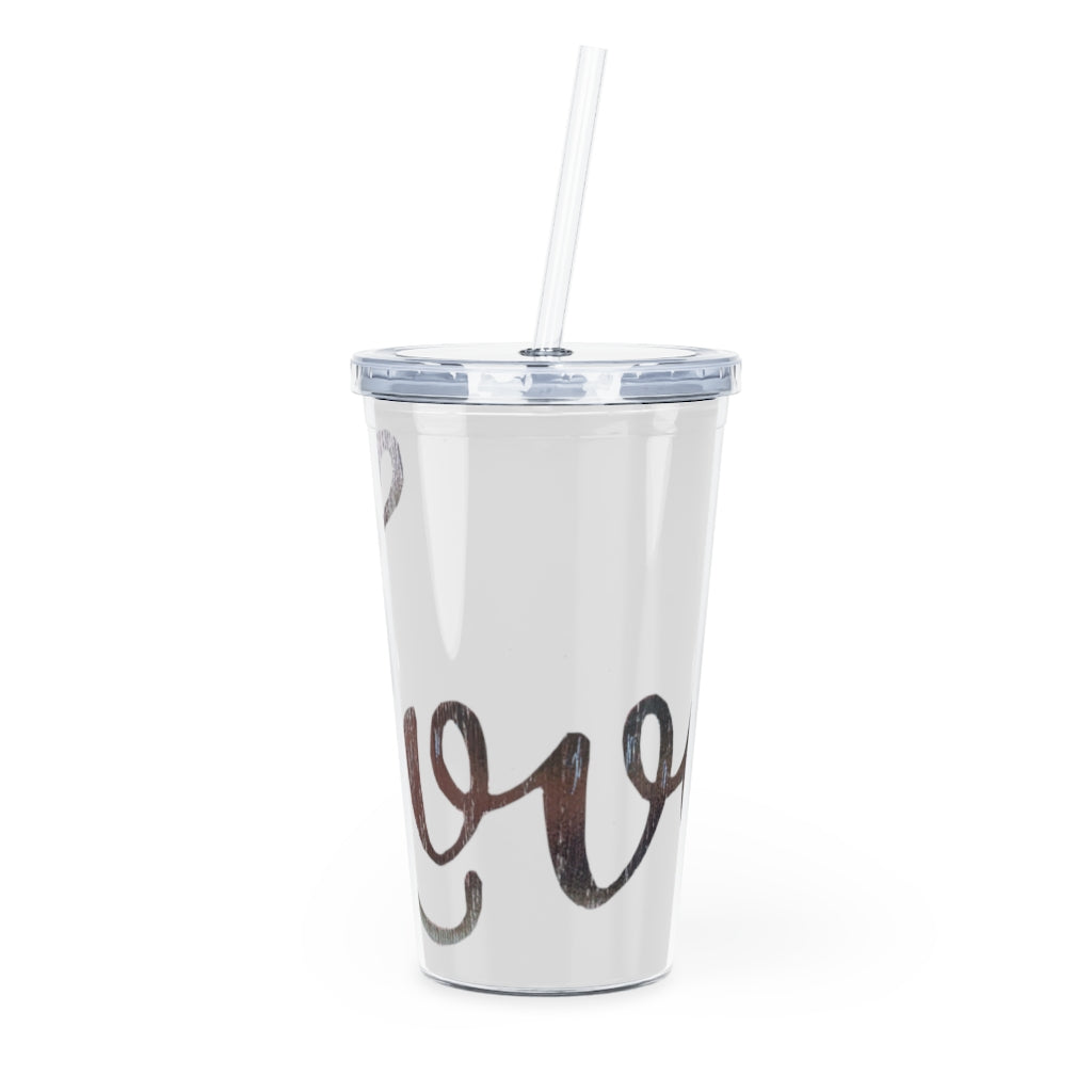 A stylish Love Plastic Tumbler with Straw, featuring a customizable design and double wall insulation, perfect for parties and gatherings.