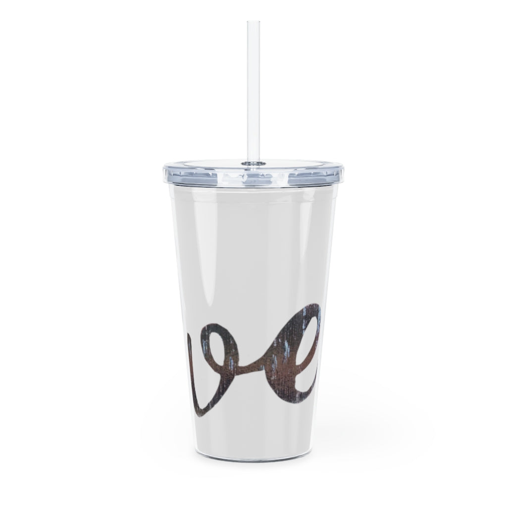 A stylish Love Plastic Tumbler with Straw, featuring a customizable design and double wall insulation, perfect for parties and gatherings.