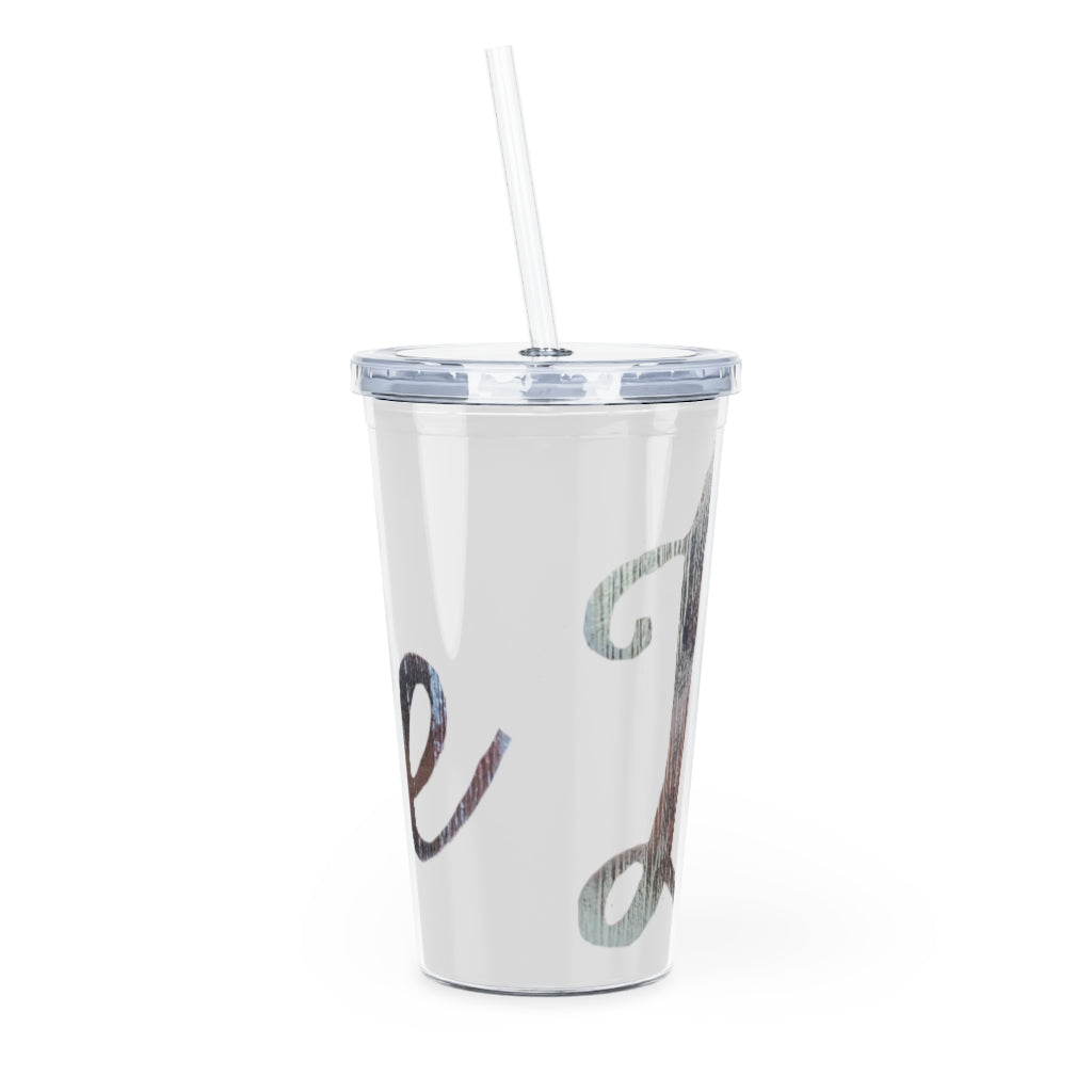 A stylish Love Plastic Tumbler with Straw, featuring a customizable design and double wall insulation, perfect for parties and gatherings.