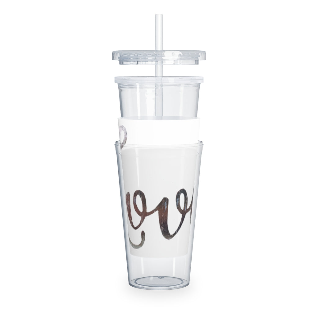 A stylish Love Plastic Tumbler with Straw, featuring a customizable design and double wall insulation, perfect for parties and gatherings.