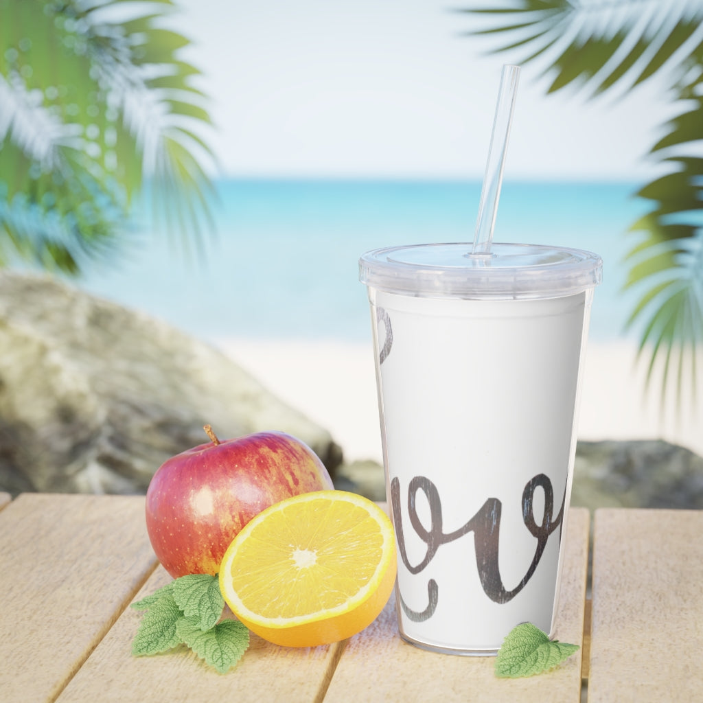 A stylish Love Plastic Tumbler with Straw, featuring a customizable design and double wall insulation, perfect for parties and gatherings.