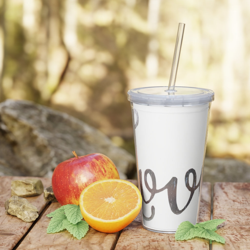 A stylish Love Plastic Tumbler with Straw, featuring a customizable design and double wall insulation, perfect for parties and gatherings.