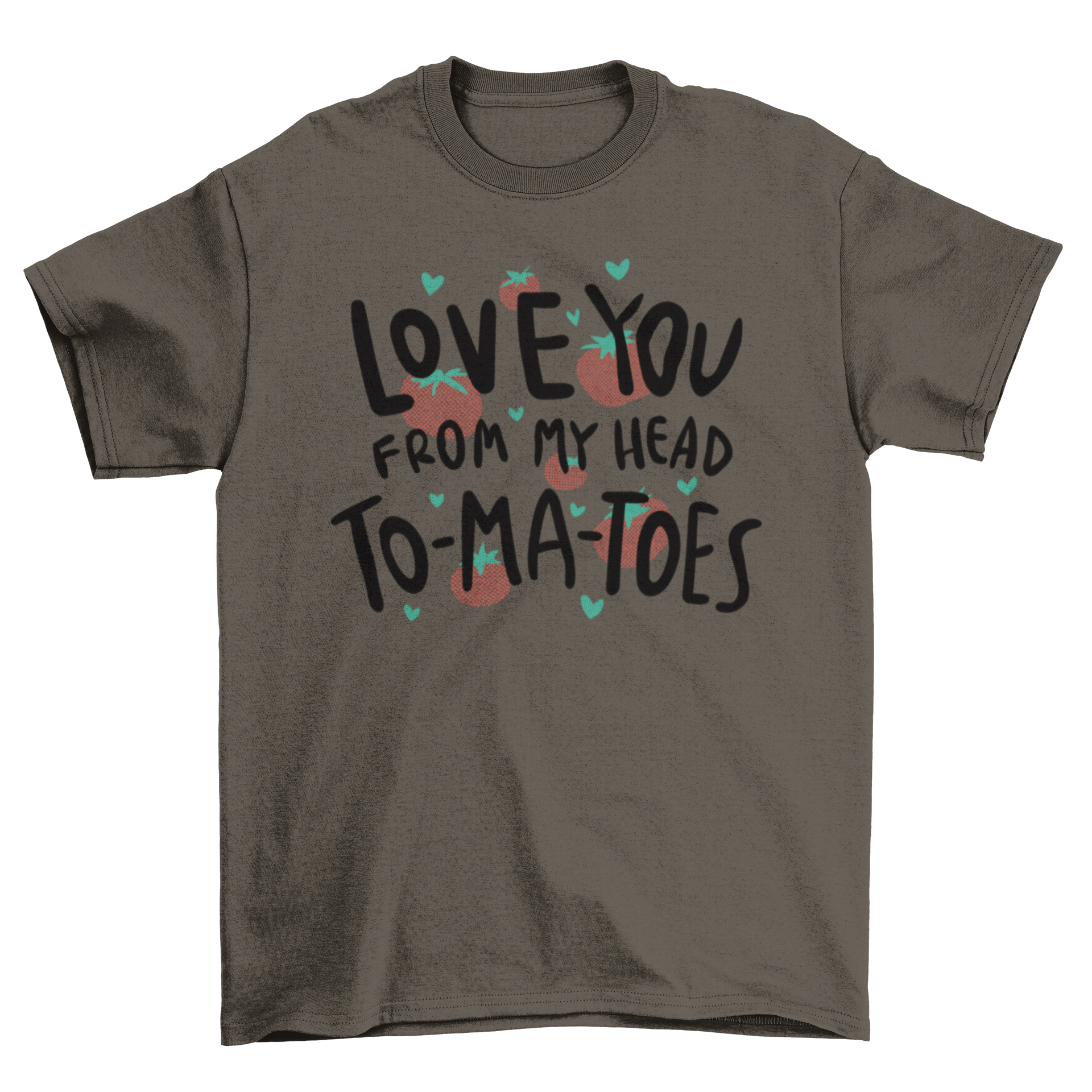 A cute t-shirt featuring a tomato pun design with the quote 'Love you from my head to ma toes' in vibrant colors.