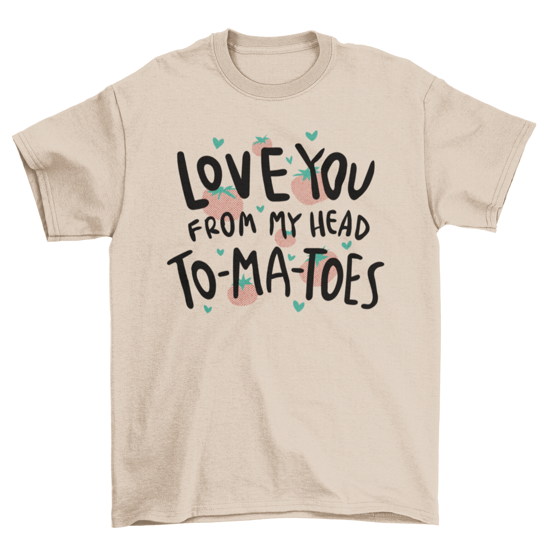 A cute t-shirt featuring a tomato pun design with the quote 'Love you from my head to ma toes' in vibrant colors.