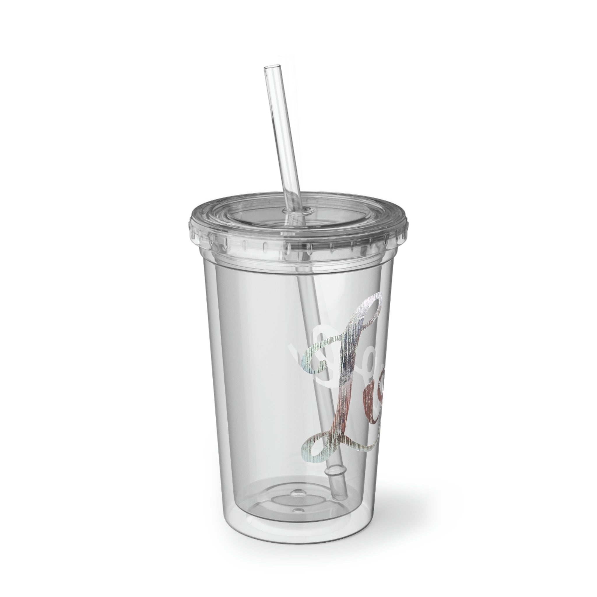 Love Suave Acrylic Cup, a 32 oz stainless steel tumbler with a black screw-on cap and a plastic straw, showcasing a customizable design.