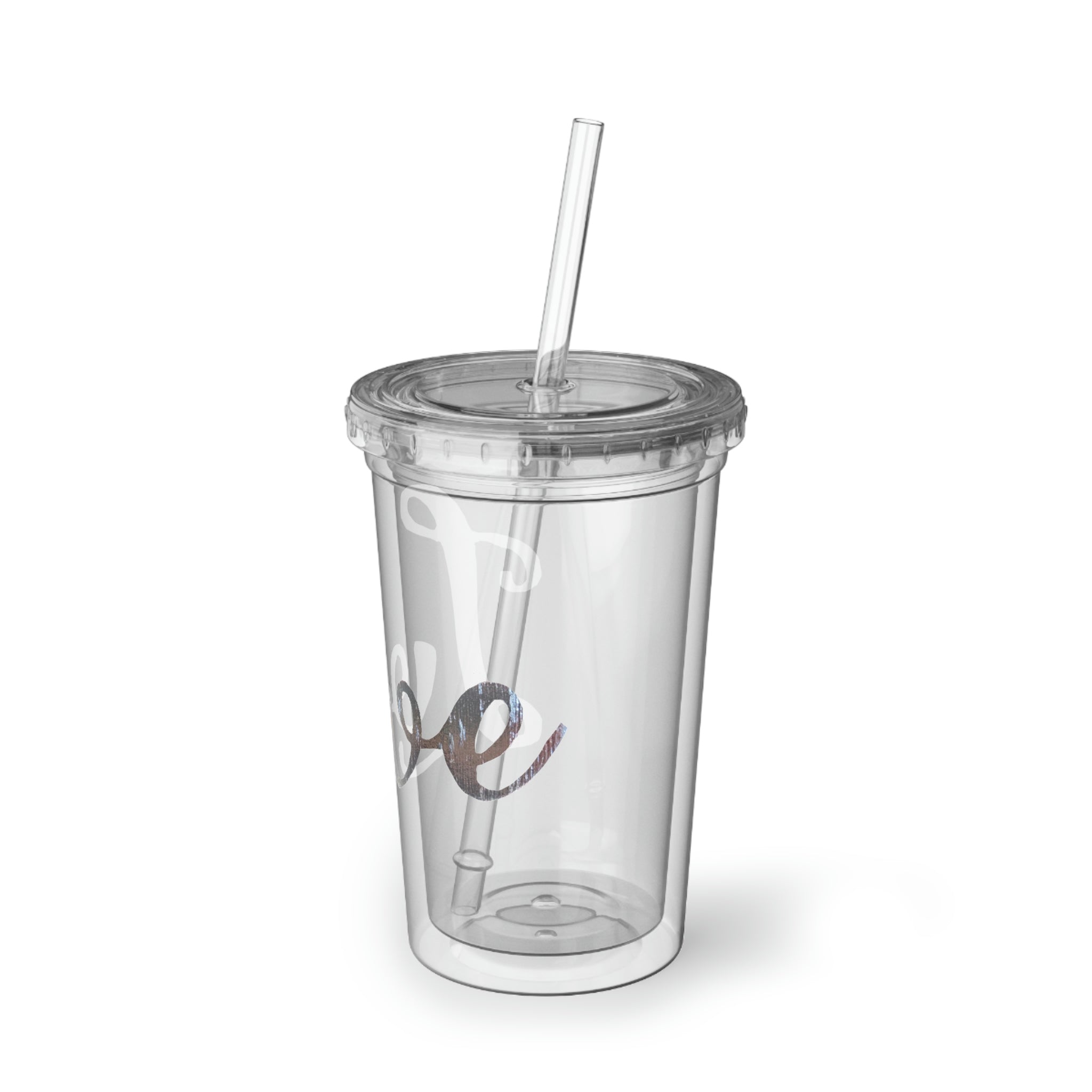 Love Suave Acrylic Cup, a 32 oz stainless steel tumbler with a black screw-on cap and a plastic straw, showcasing a customizable design.