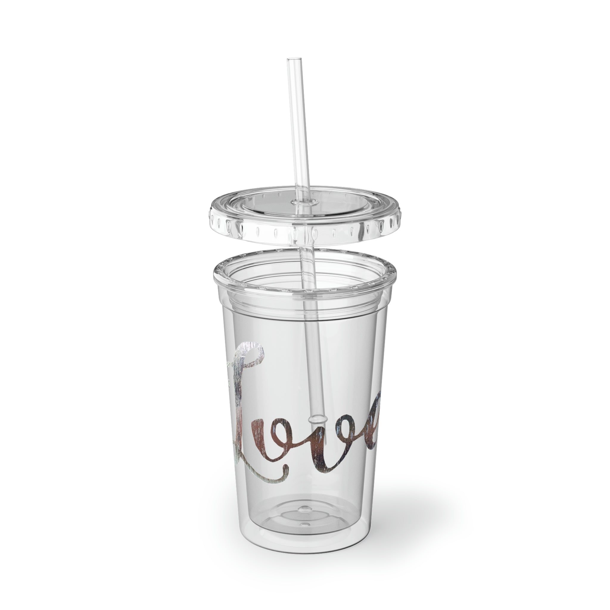 Love Suave Acrylic Cup, a 32 oz stainless steel tumbler with a black screw-on cap and a plastic straw, showcasing a customizable design.