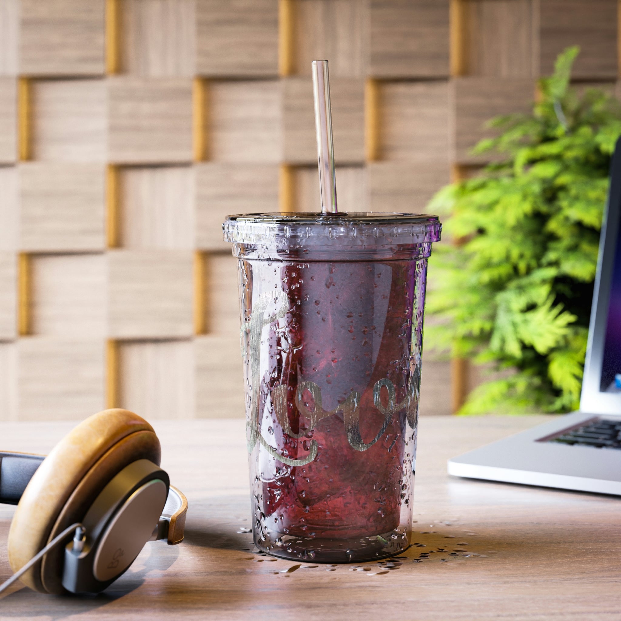 Love Suave Acrylic Cup, a 32 oz stainless steel tumbler with a black screw-on cap and a plastic straw, showcasing a customizable design.