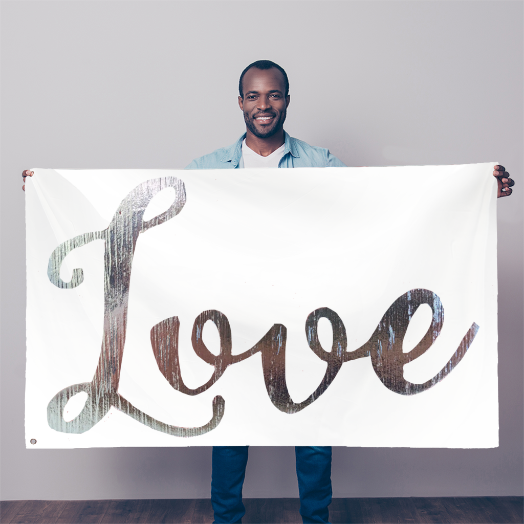 A vibrant Love Sublimation Flag measuring 5FT x 3FT, made of durable polyester with double-stitched edges and eyelets for easy hanging.