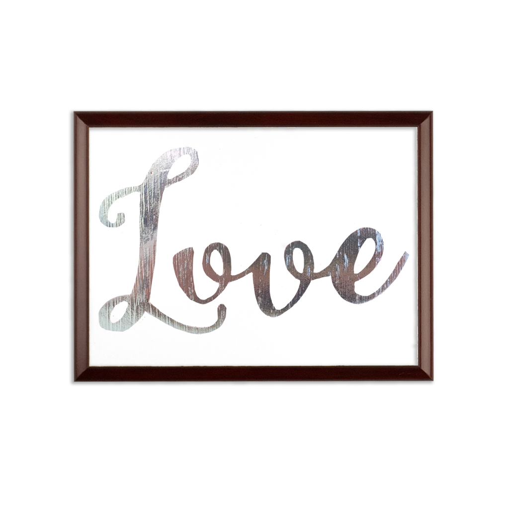 Love Sublimation Wall Plaque with brown wooden frame and white printable surface, showcasing customizable design options.