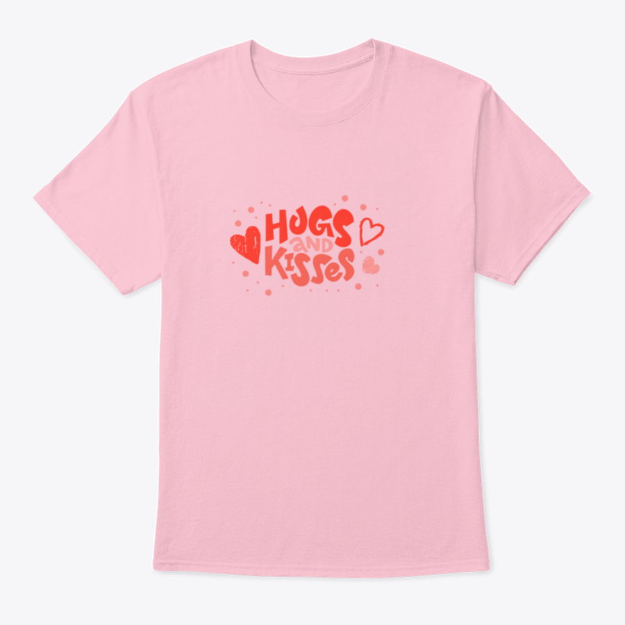 Love Text Hugs And Kisses Lettering Design T-shirt in a classic fit, showcasing a heartfelt message on a soft cotton fabric.