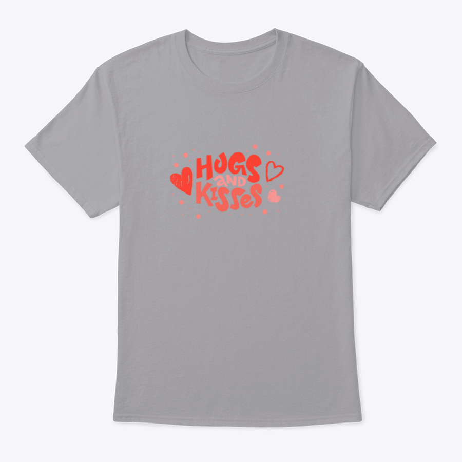 Love Text Hugs And Kisses Lettering Design T-shirt in a classic fit, showcasing a heartfelt message on a soft cotton fabric.