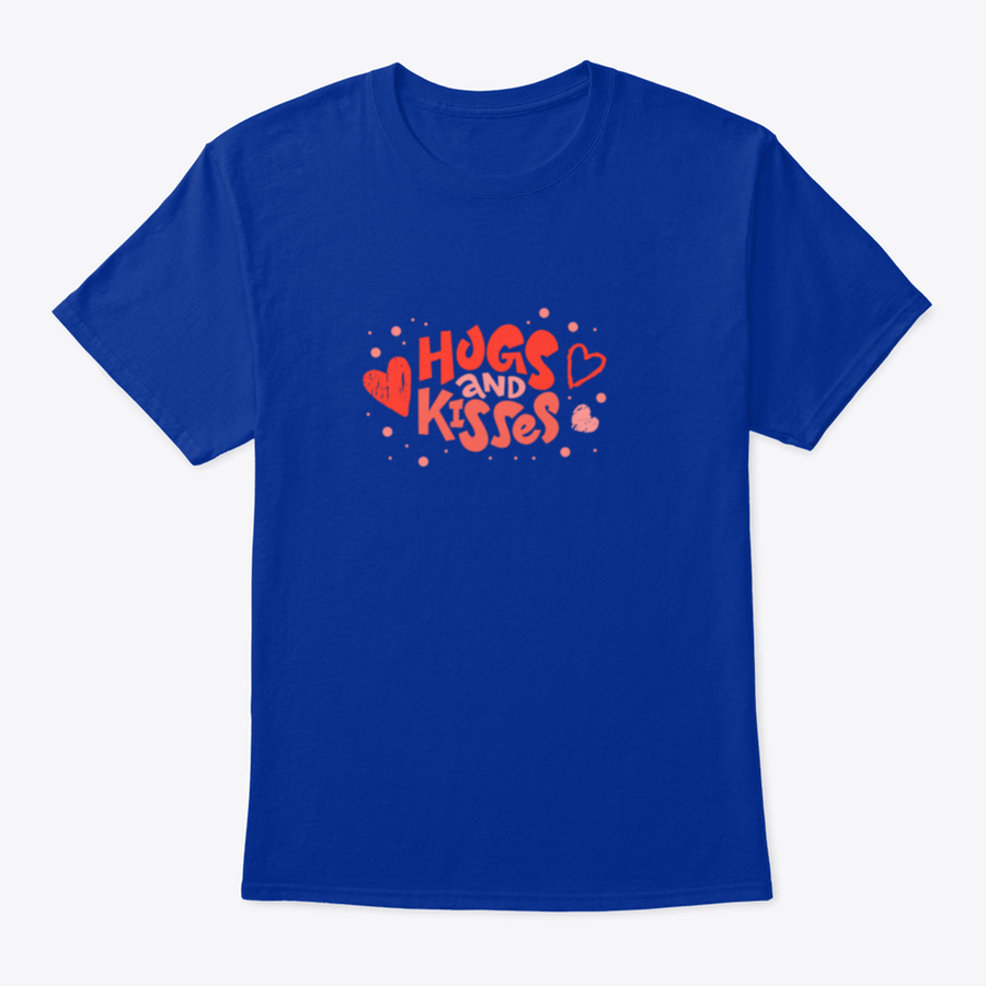 Love Text Hugs And Kisses Lettering Design T-shirt in a classic fit, showcasing a heartfelt message on a soft cotton fabric.