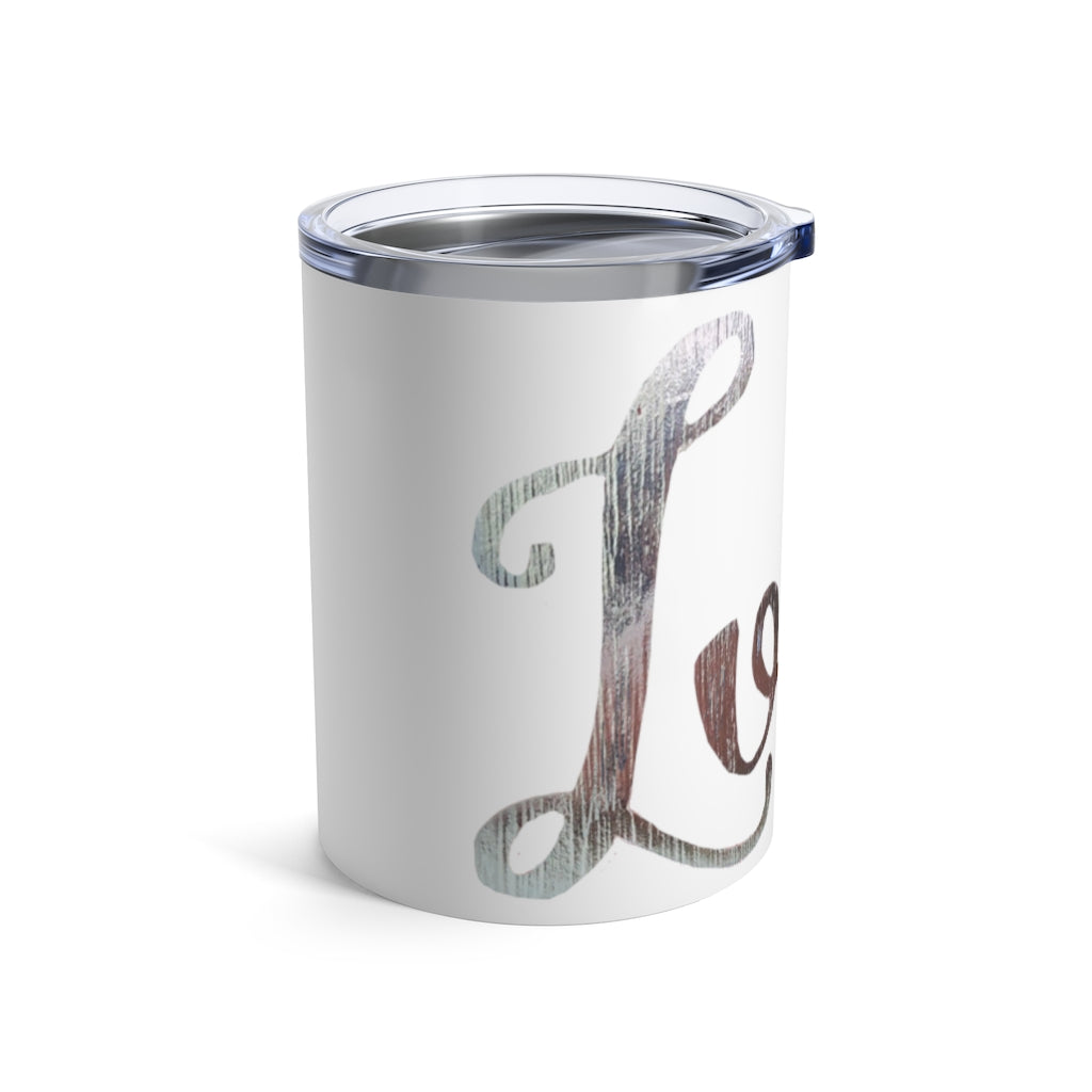 Love Tumbler 10oz in stainless steel with a see-thru plastic lid, showcasing its sleek design and rounded corners.