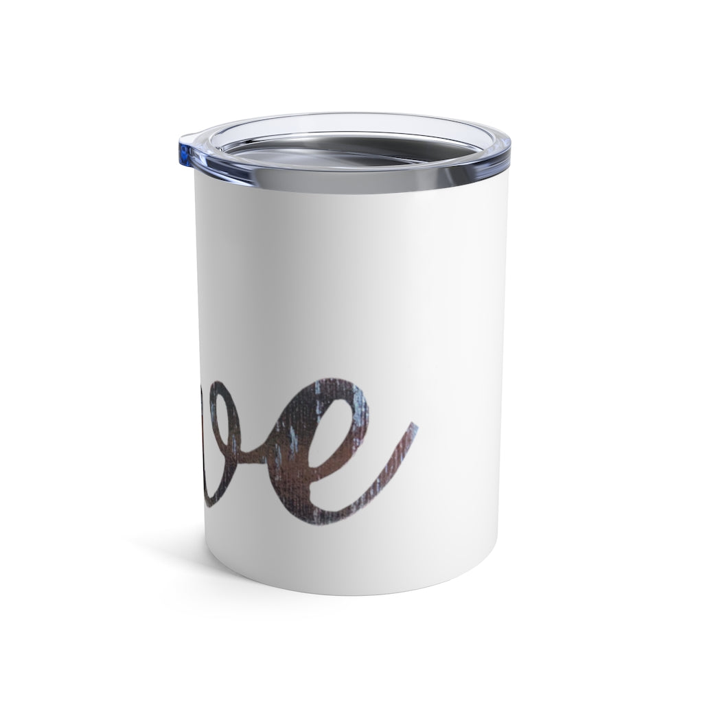 Love Tumbler 10oz in stainless steel with a see-thru plastic lid, showcasing its sleek design and rounded corners.