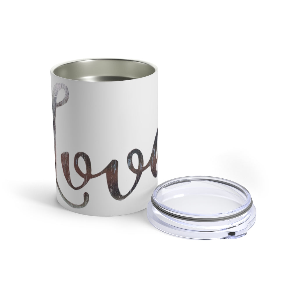 Love Tumbler 10oz in stainless steel with a see-thru plastic lid, showcasing its sleek design and rounded corners.