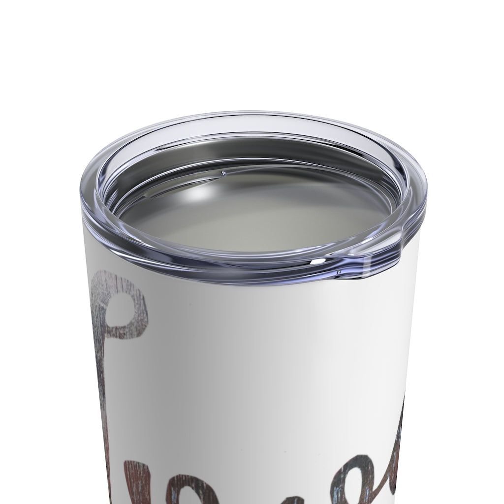 Love Tumbler 10oz in stainless steel with a see-thru plastic lid, showcasing its sleek design and rounded corners.