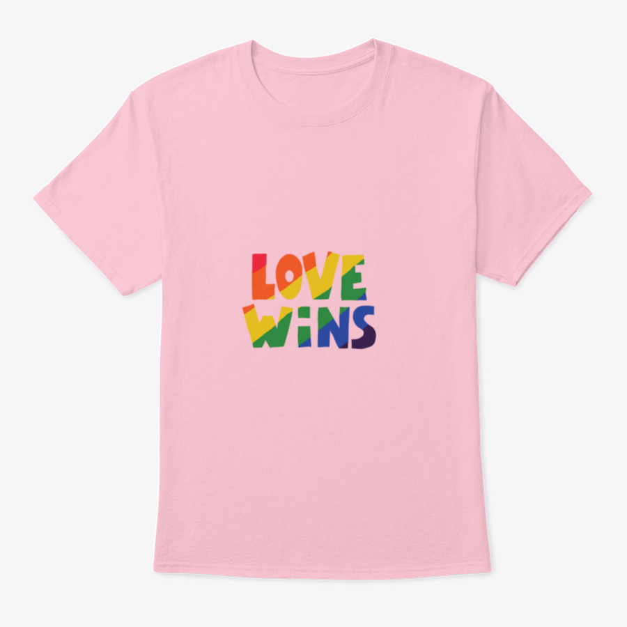 A stylish shirt featuring 'Love Wins' lettering in vibrant rainbow colors, symbolizing love and inclusivity.