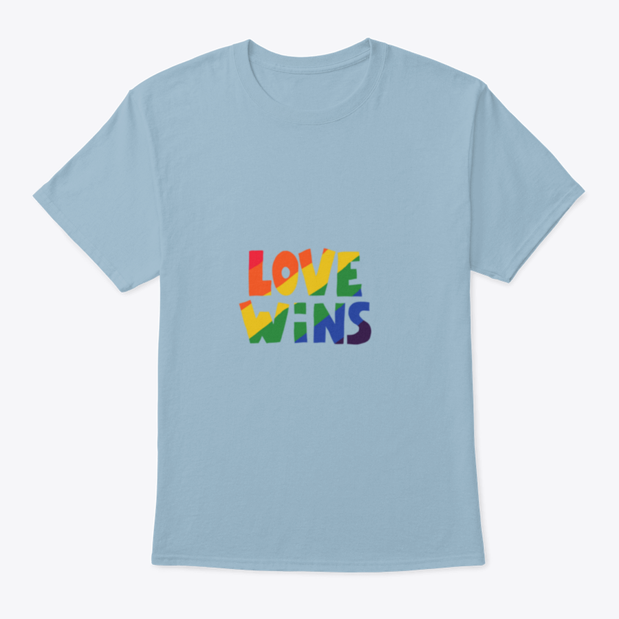 A stylish shirt featuring 'Love Wins' lettering in vibrant rainbow colors, symbolizing love and inclusivity.