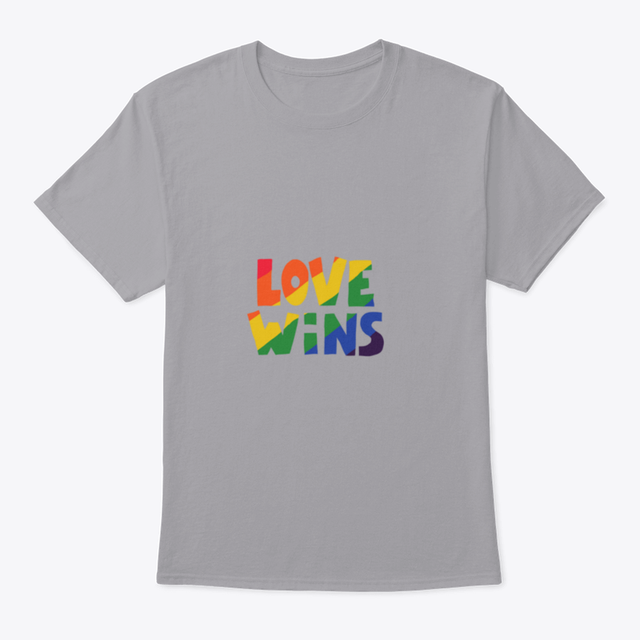 A stylish shirt featuring 'Love Wins' lettering in vibrant rainbow colors, symbolizing love and inclusivity.