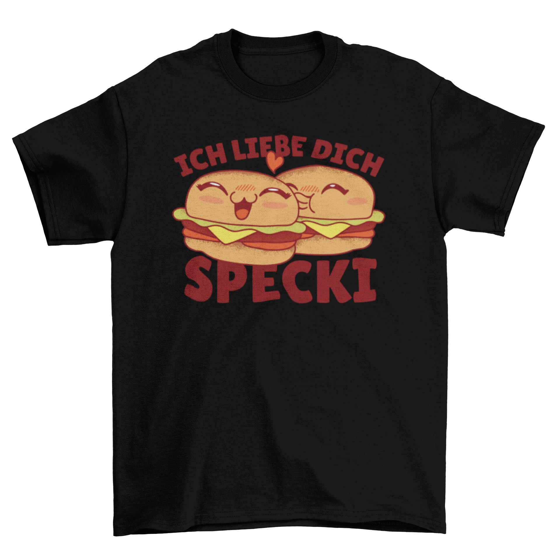 A fun t-shirt featuring two cute burgers and the caption 'Ich liebe dich specki' expressing love for bacon.