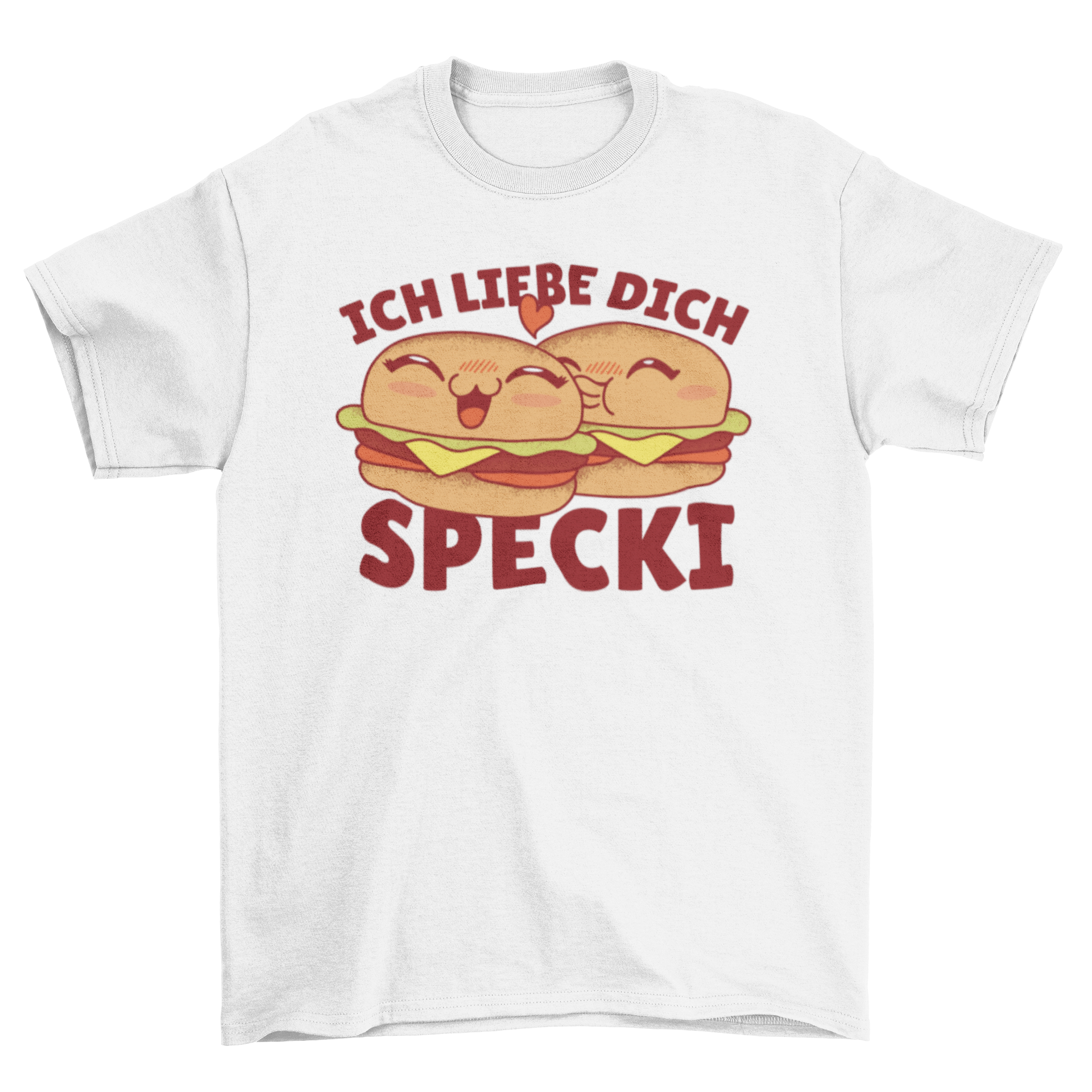 A fun t-shirt featuring two cute burgers and the caption 'Ich liebe dich specki' expressing love for bacon.