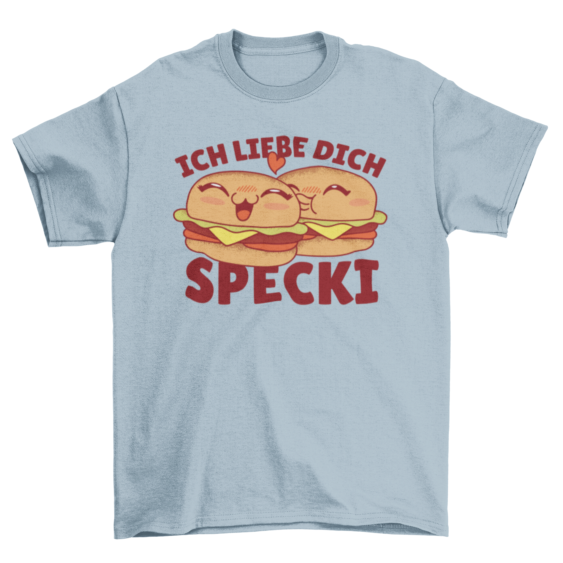 A fun t-shirt featuring two cute burgers and the caption 'Ich liebe dich specki' expressing love for bacon.