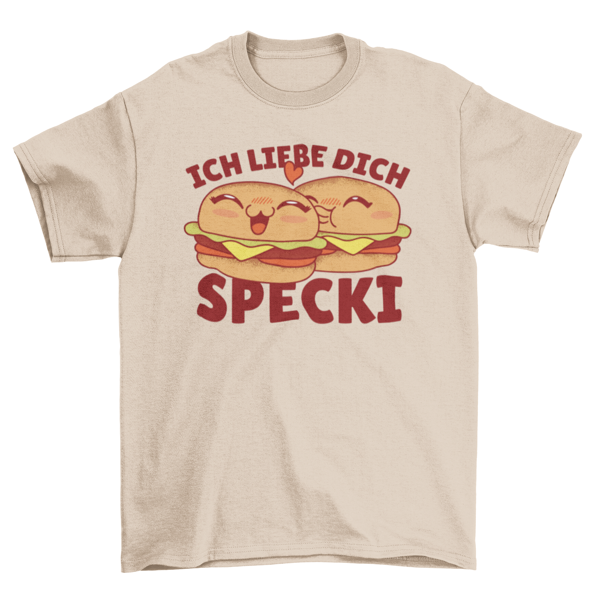 A fun t-shirt featuring two cute burgers and the caption 'Ich liebe dich specki' expressing love for bacon.