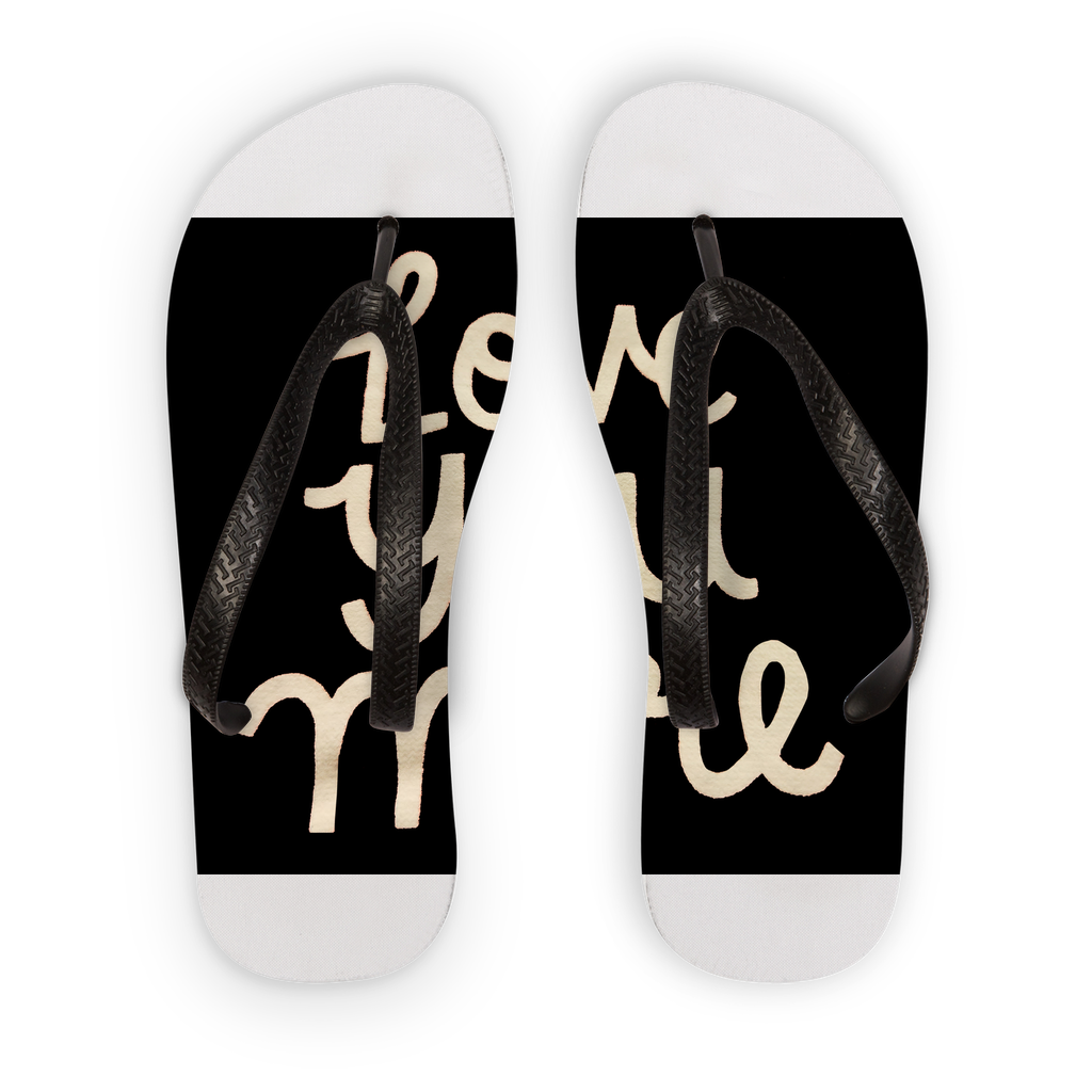 Love You More Adult Flip Flops featuring customizable printed fabric and soft straps in black or orange.