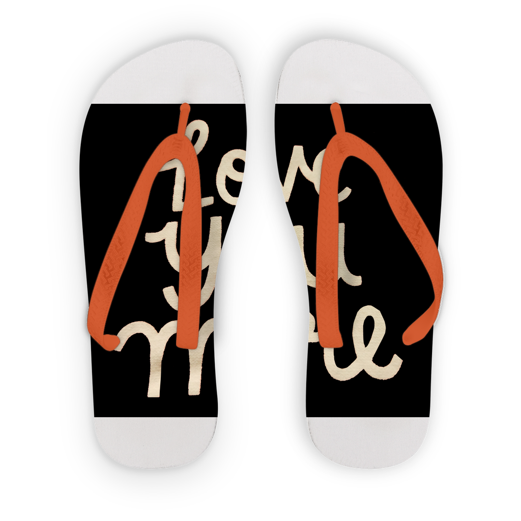 Love You More Adult Flip Flops featuring customizable printed fabric and soft straps in black or orange.