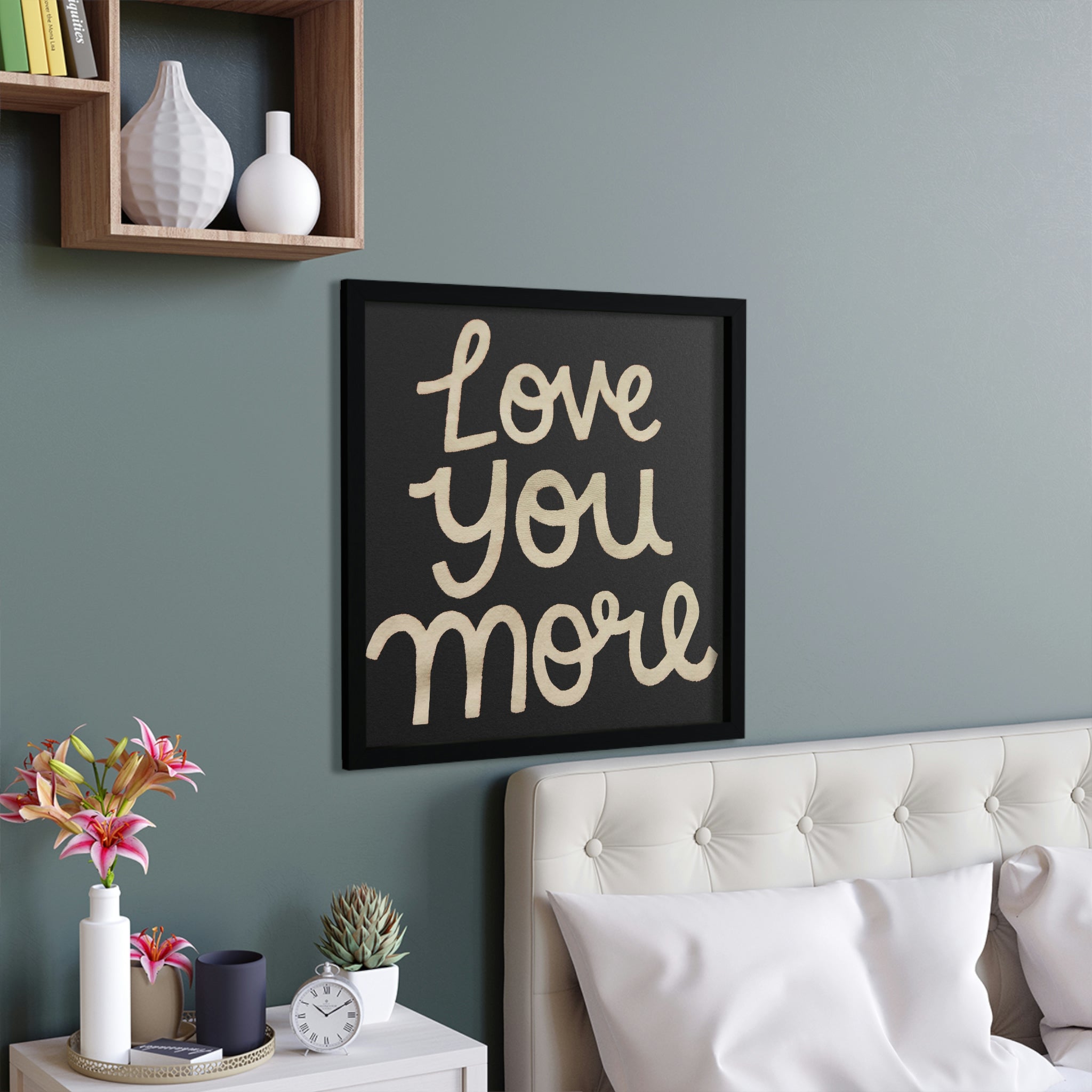 Love You More Framed Poster featuring a hand-crafted wooden frame and vibrant colors, perfect for home decor.