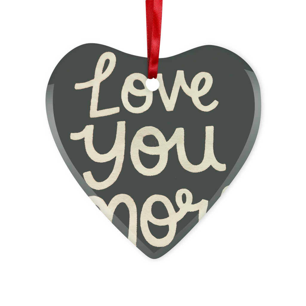 Love You More Glass Hanging Ornament in round and heart shapes, featuring a red ribbon and gold string, elegantly packaged in a white box.