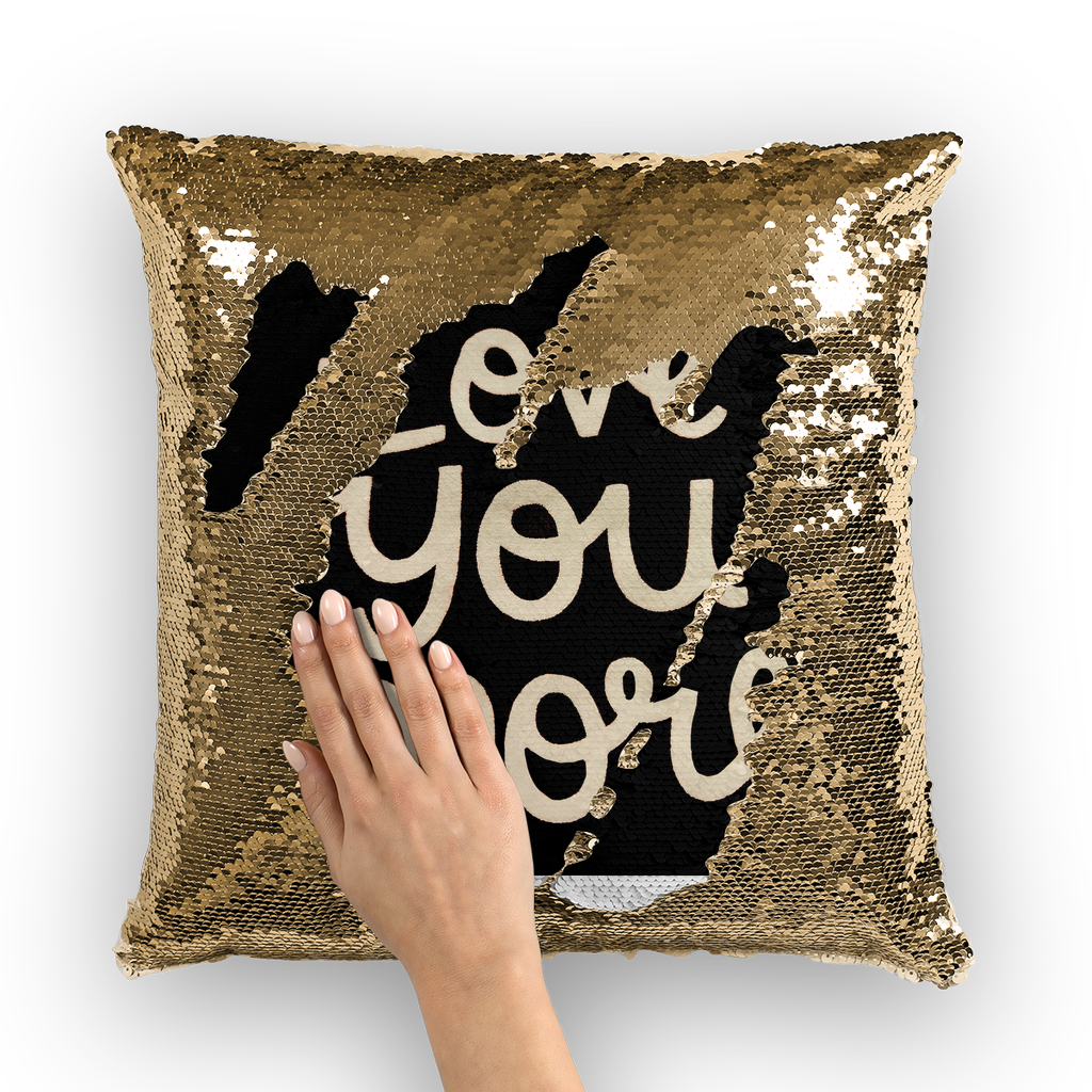 Love You More Sequin Cushion Cover with mermaid design, showcasing vibrant sequins on a soft polyester fabric.