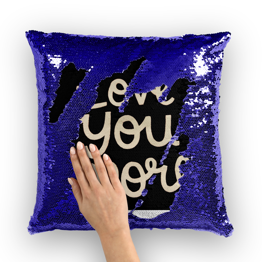 Love You More Sequin Cushion Cover with mermaid design, showcasing vibrant sequins on a soft polyester fabric.