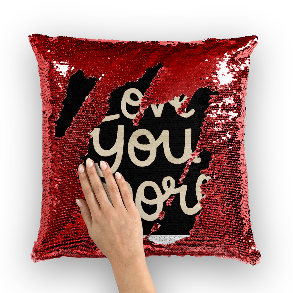 Love You More Sequin Cushion Cover with mermaid design, showcasing vibrant sequins on a soft polyester fabric.