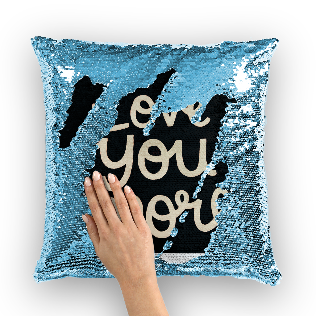 Love You More Sequin Cushion Cover with mermaid design, showcasing vibrant sequins on a soft polyester fabric.