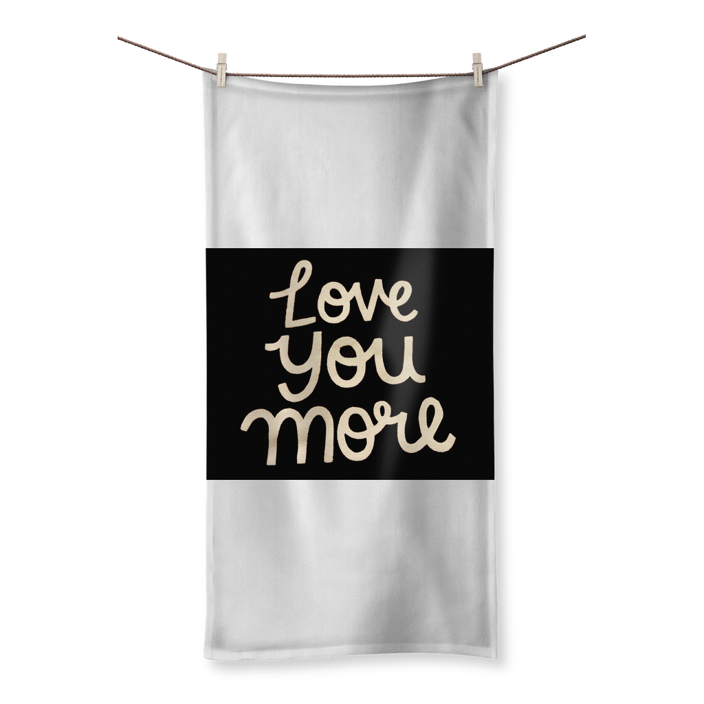 Love You More Sublimation All Over Towel featuring vibrant prints on a polyester front and soft cotton backing, available in multiple sizes.