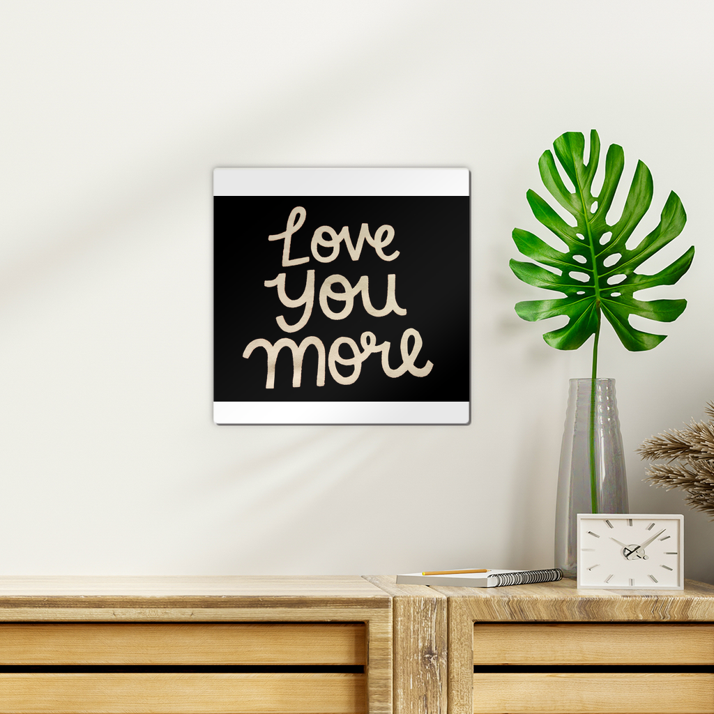 Love You More Wall Tile in gloss white finish, showcasing repositionable adhesive mounting for easy photo display.