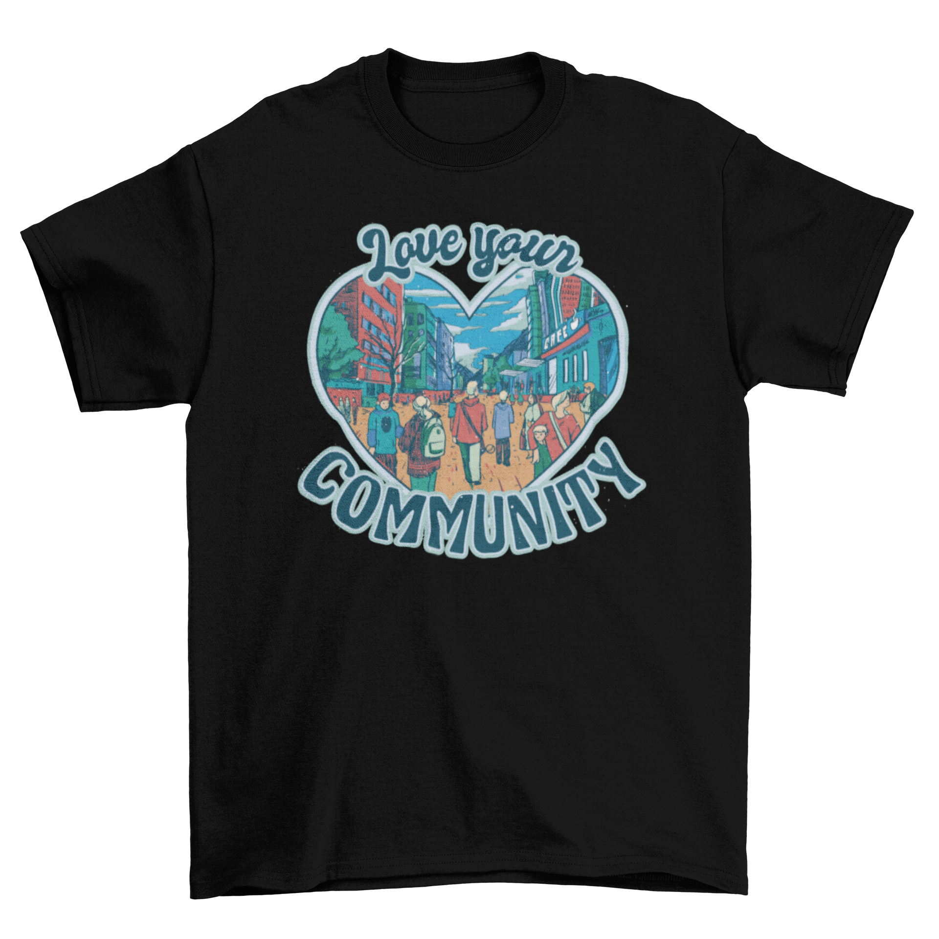 Love Your Community t-shirt featuring a heart design with people walking around a city, promoting community love.