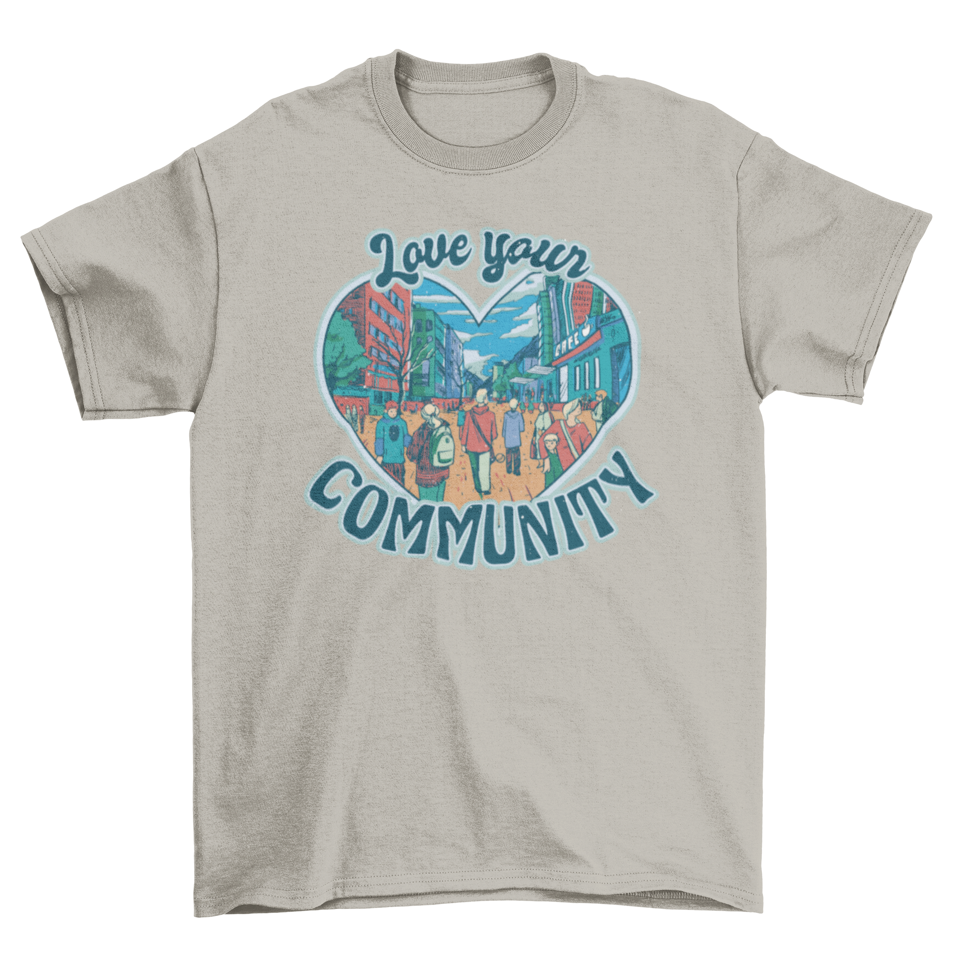 Love Your Community t-shirt featuring a heart design with people walking around a city, promoting community love.