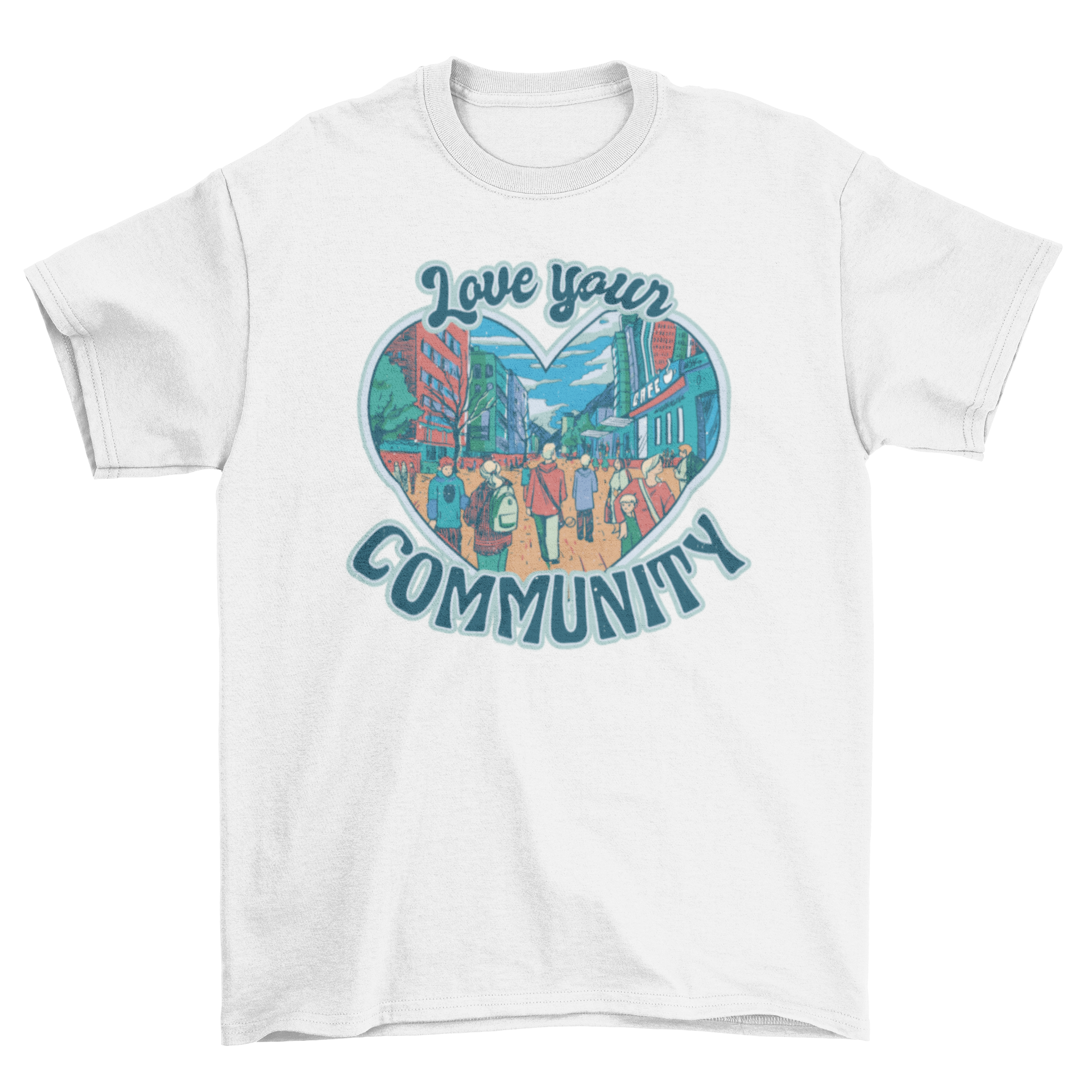 Love Your Community t-shirt featuring a heart design with people walking around a city, promoting community love.