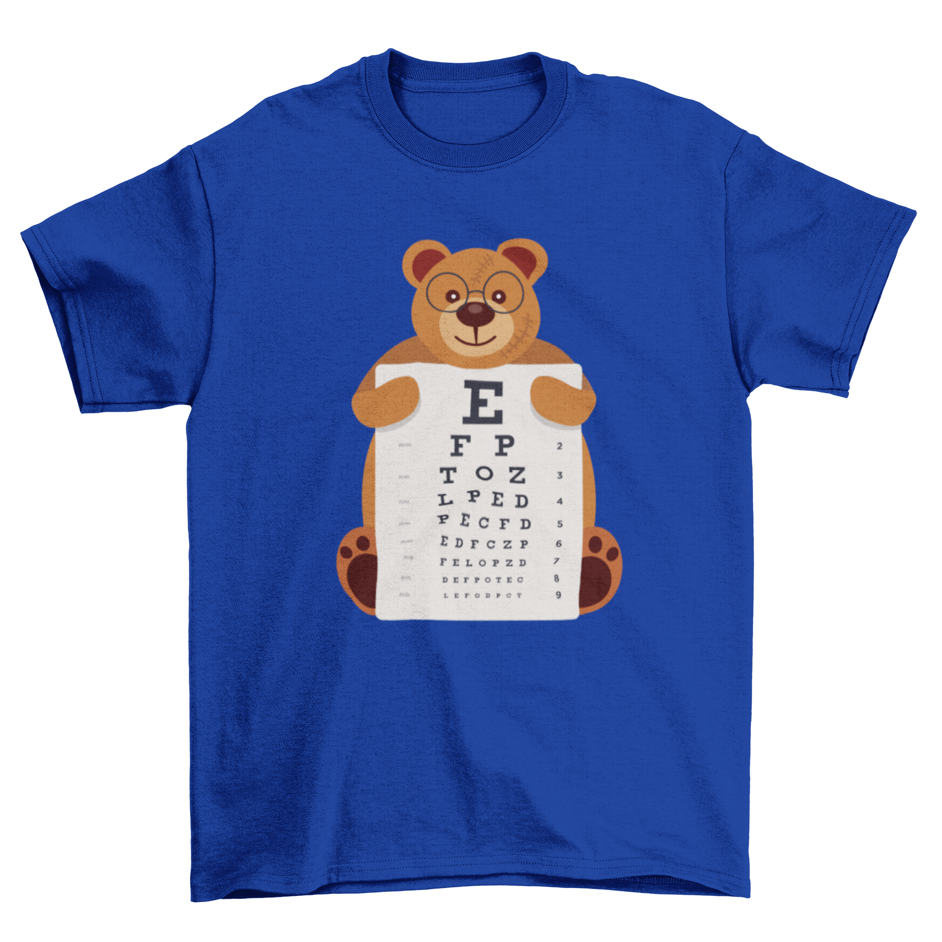 A cute t-shirt featuring a bear wearing glasses and holding an eye chart, perfect for casual wear.