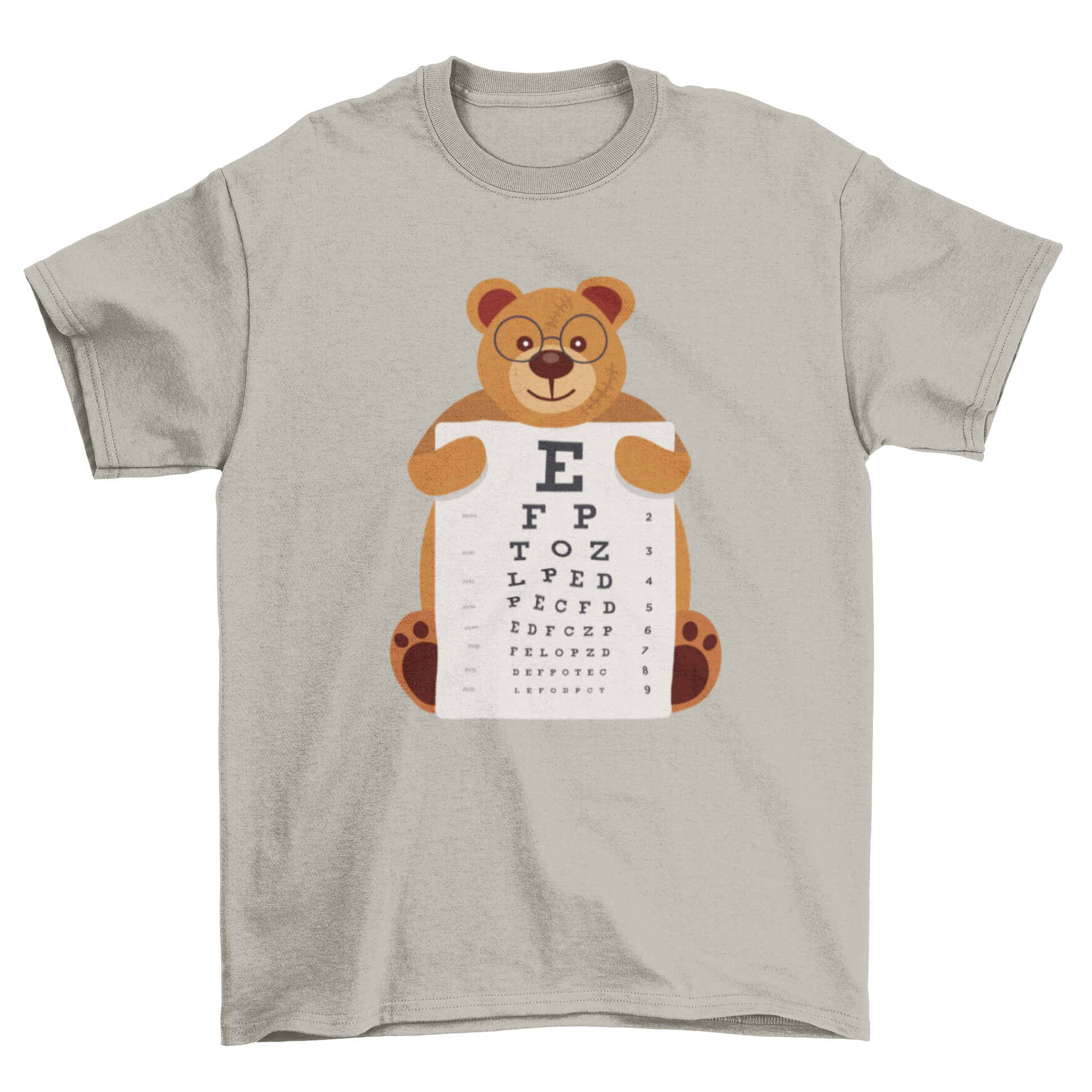 A cute t-shirt featuring a bear wearing glasses and holding an eye chart, perfect for casual wear.