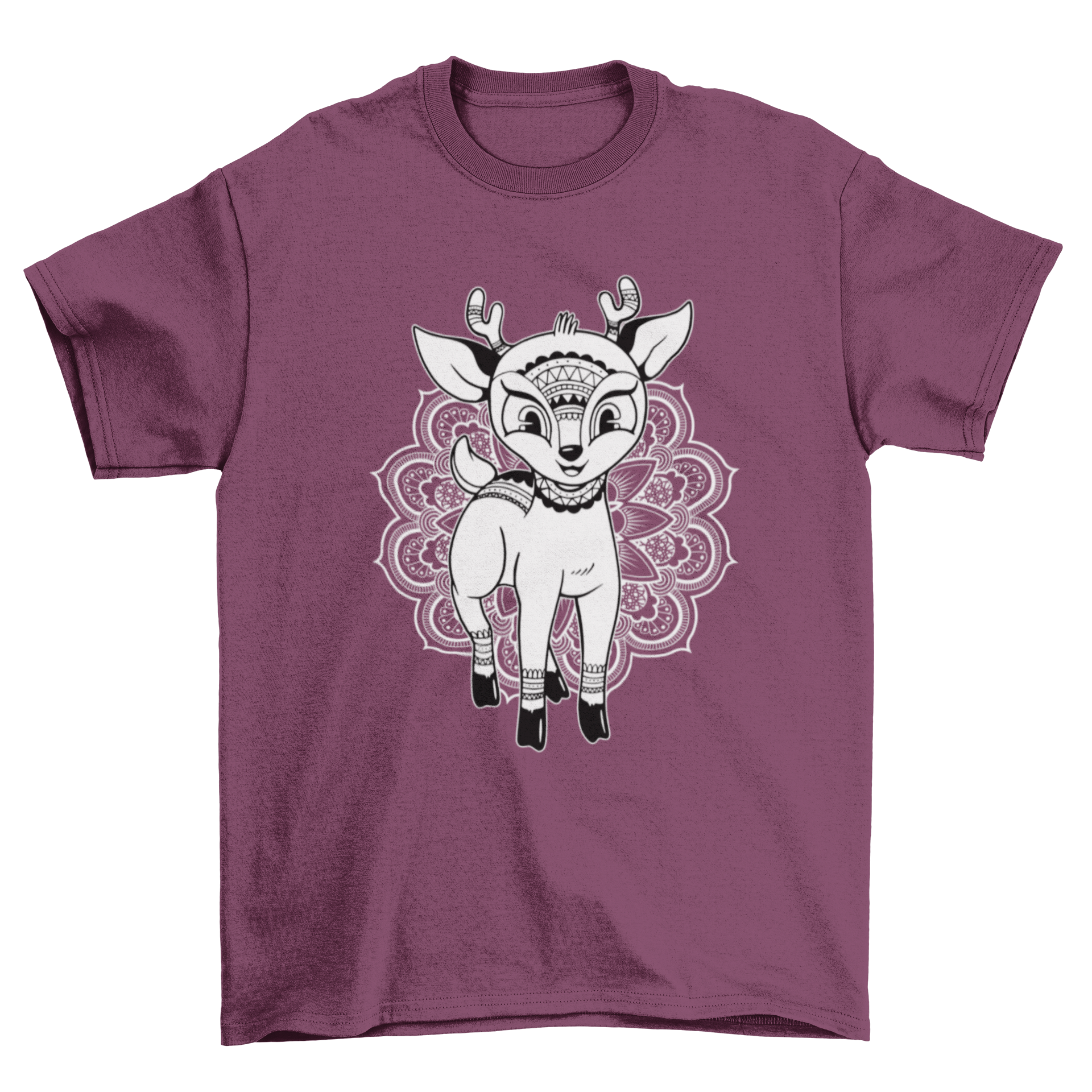 A charming T-shirt featuring a baby deer illustration with a floral mandala background, perfect for nature lovers.