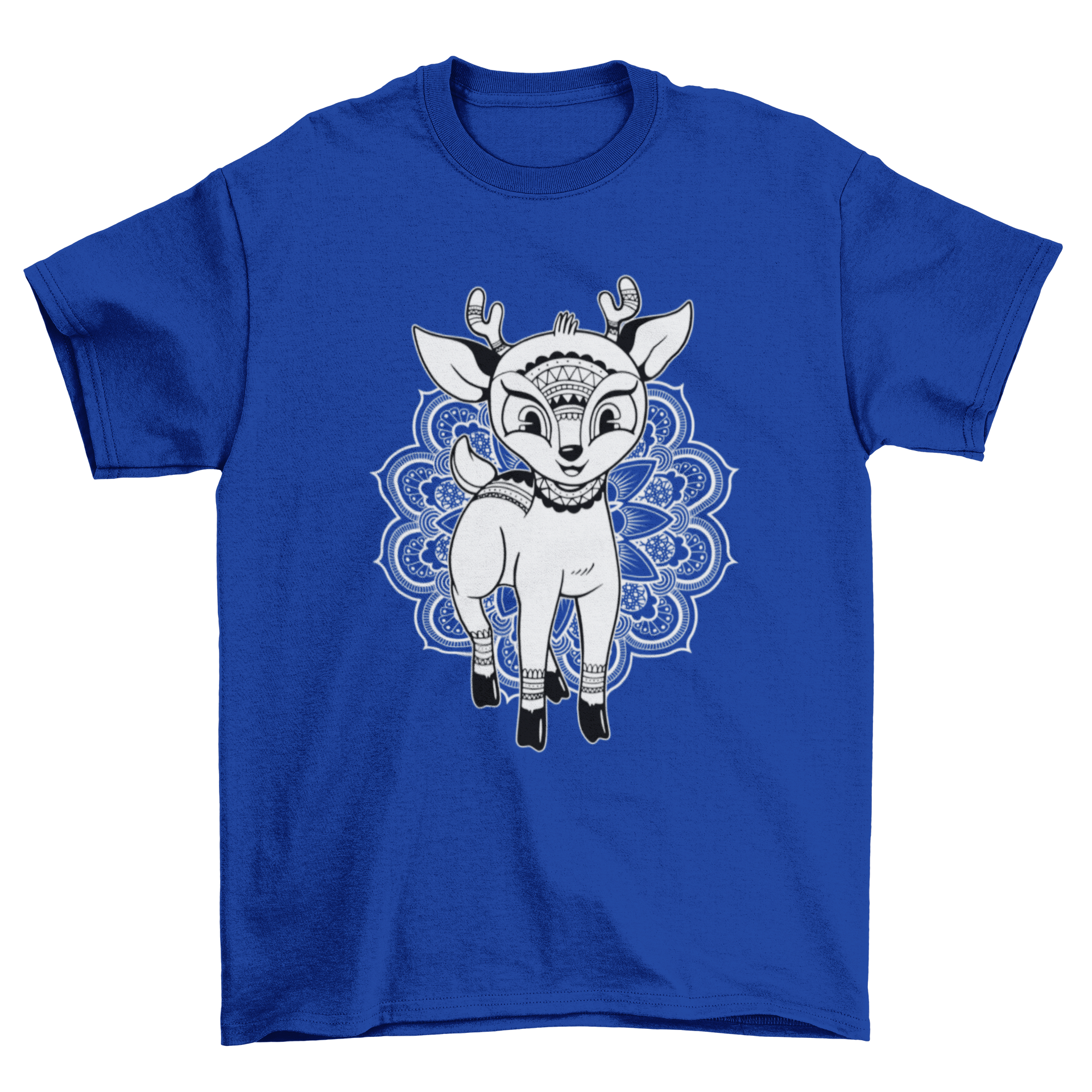 A charming T-shirt featuring a baby deer illustration with a floral mandala background, perfect for nature lovers.