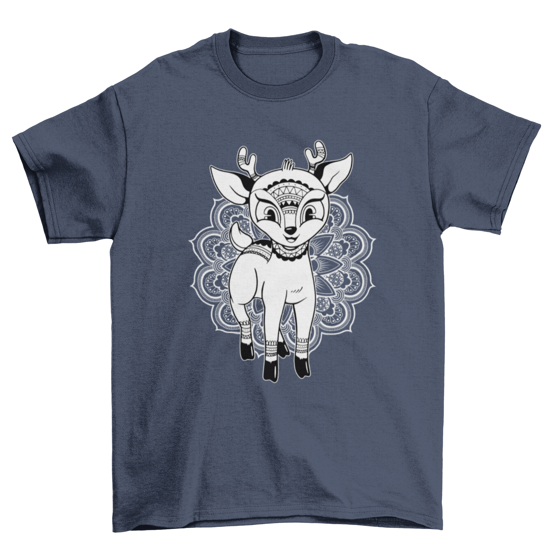 A charming T-shirt featuring a baby deer illustration with a floral mandala background, perfect for nature lovers.